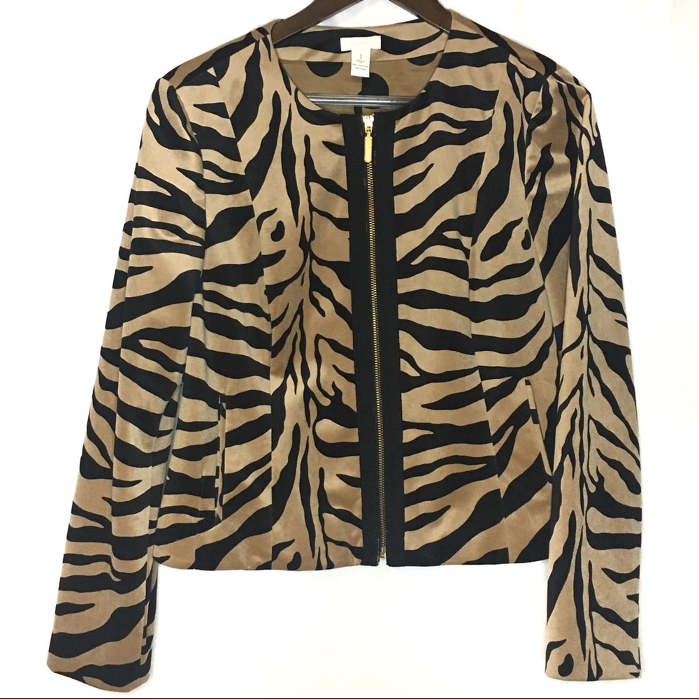 Chico’s Tiger Animal Print Jacket Pockets Zipper